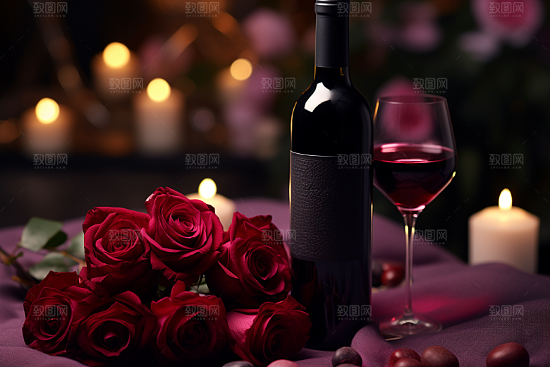 红酒玫瑰花烛光晚餐晚宴摄影图