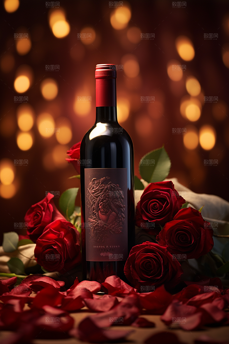 红酒玫瑰花烛光晚餐情人节摄影图
