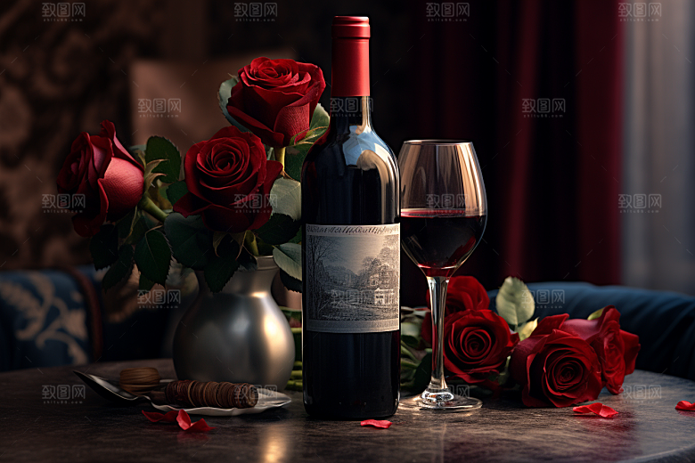 红酒玫瑰花情人节高清摄影图