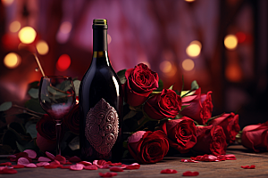 红酒玫瑰花浪漫高清摄影图