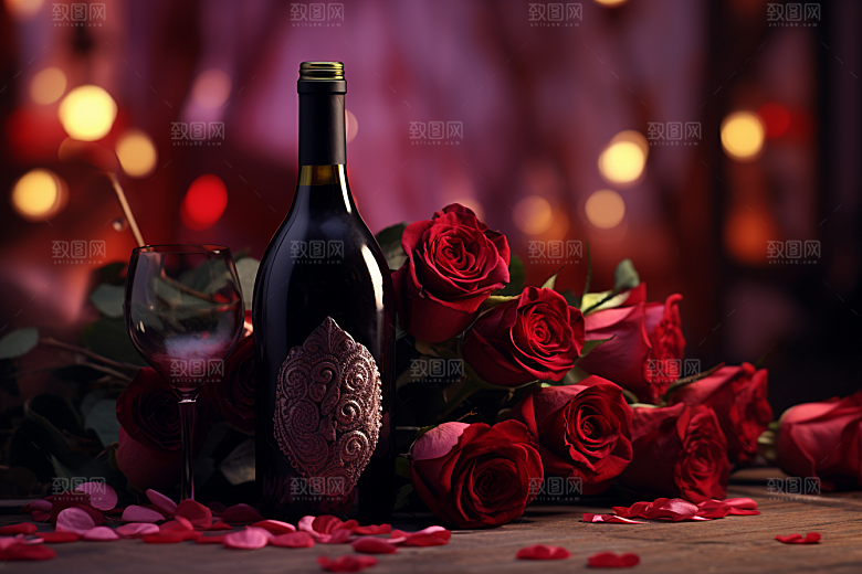 红酒玫瑰花浪漫高清摄影图
