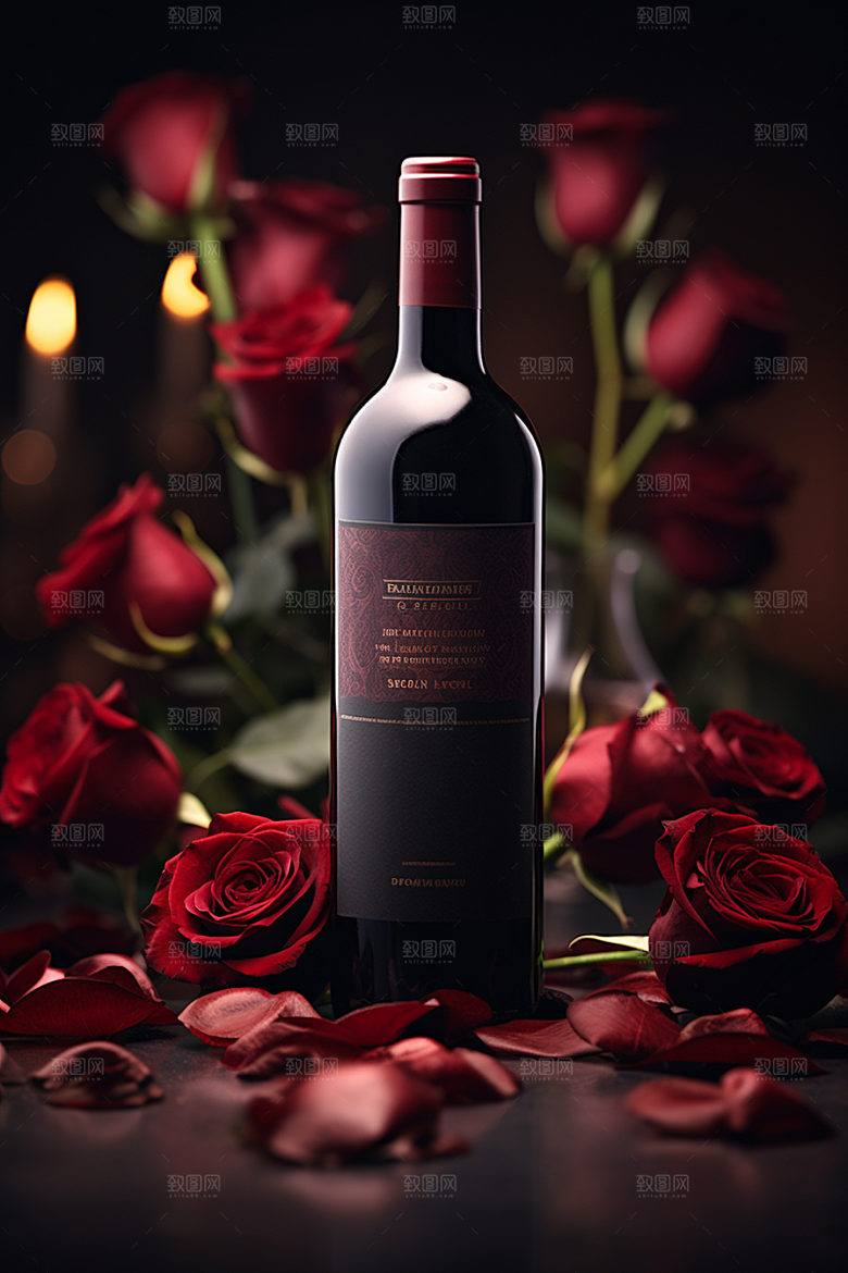 红酒玫瑰花烛光晚餐浪漫摄影图