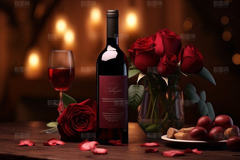 红酒玫瑰花高清浪漫摄影图