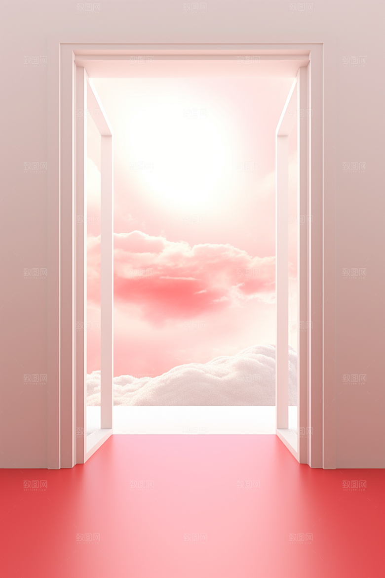 红色大门发光通道空间感促销背景图