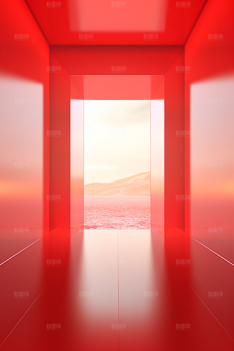 红色大门发光通道空间感开门红背景图
