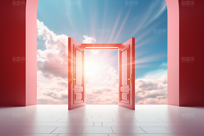 红色大门发光通道火热空间感背景图
