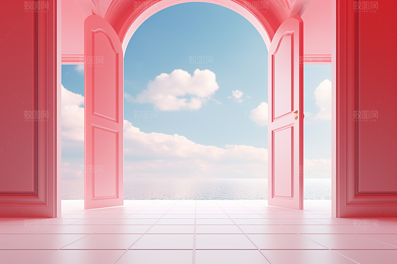 红色大门发光通道直播3D背景图