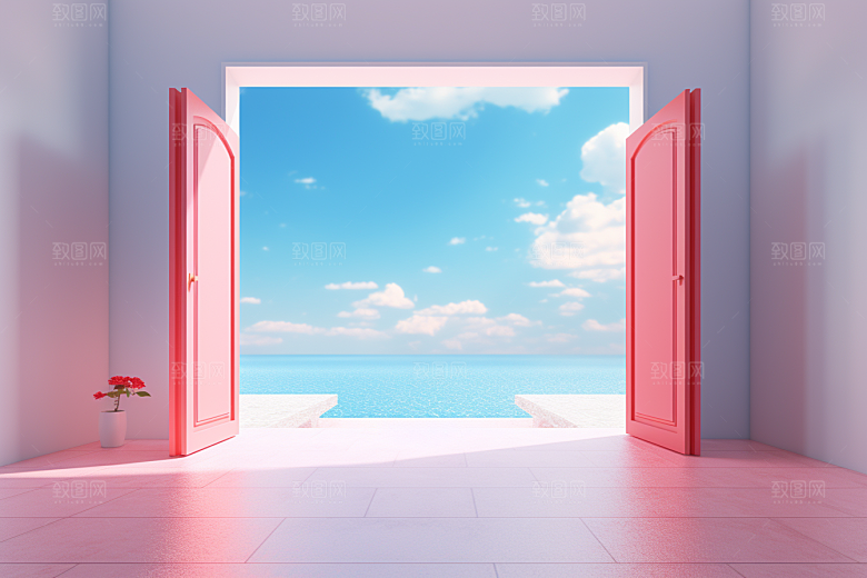 红色大门发光通道3D开门红背景图