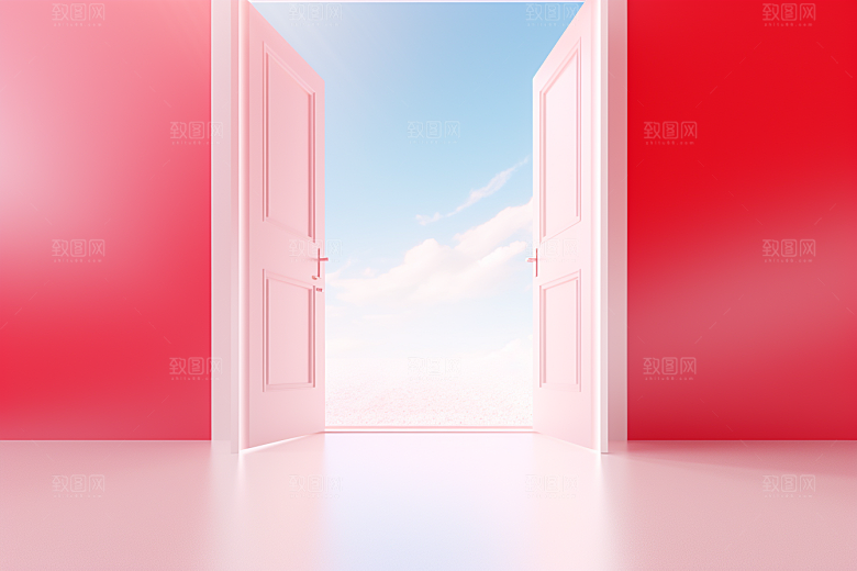 红色大门发光通道3D开门红背景图