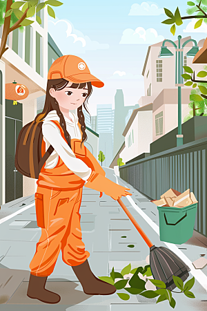环卫工人城市保洁工作插画