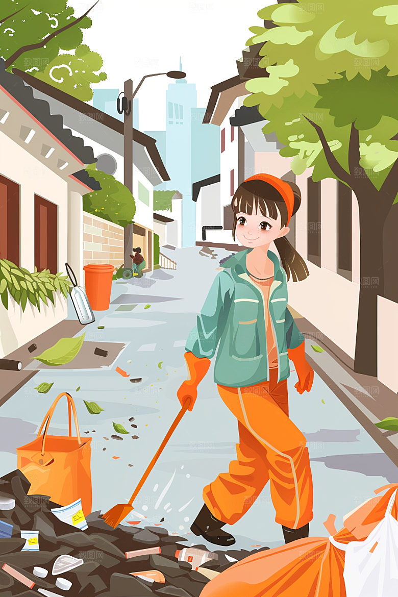 环卫工人劳作手绘插画