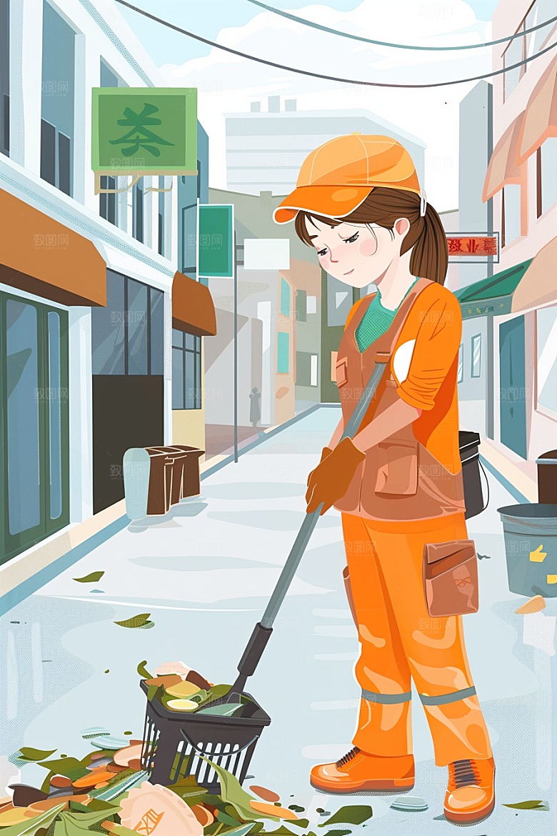 环卫工人劳动节清洁工插画