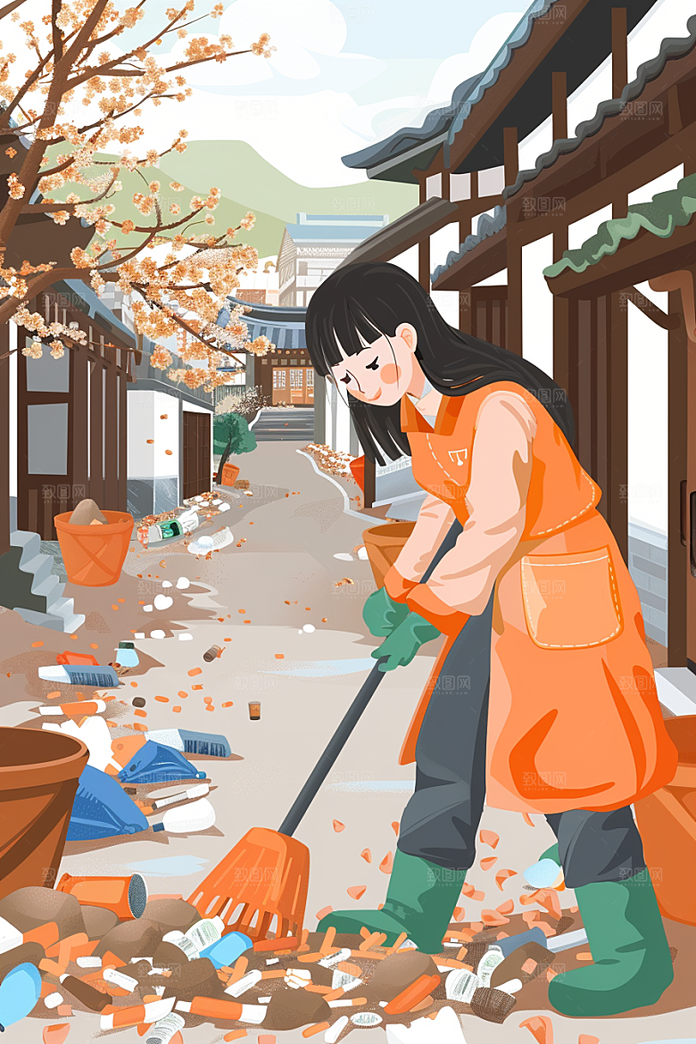 环卫工人工作辛苦插画