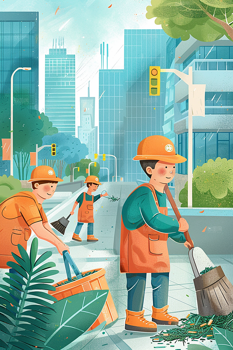 环卫工人手绘清洁工插画