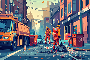 环卫工人城市保洁清洁工插画