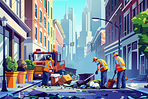环卫工人手绘城市保洁插画