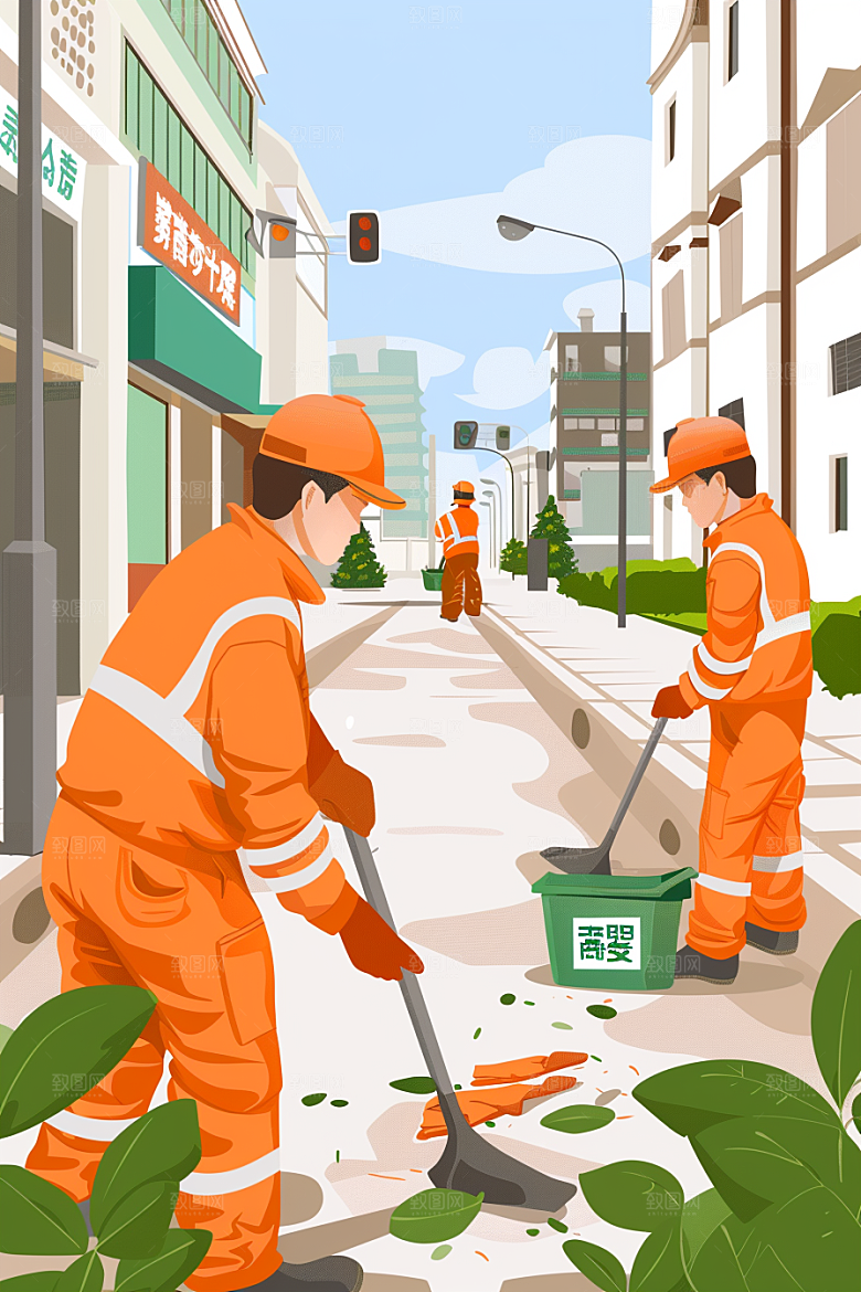 环卫工人工作城市保洁插画