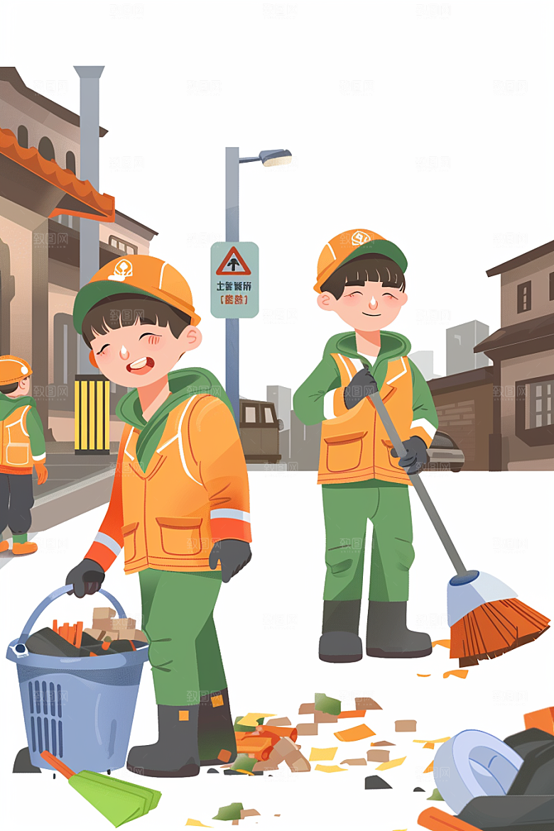 环卫工人辛苦城市保洁插画