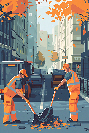 环卫工人清洁工城市保洁插画