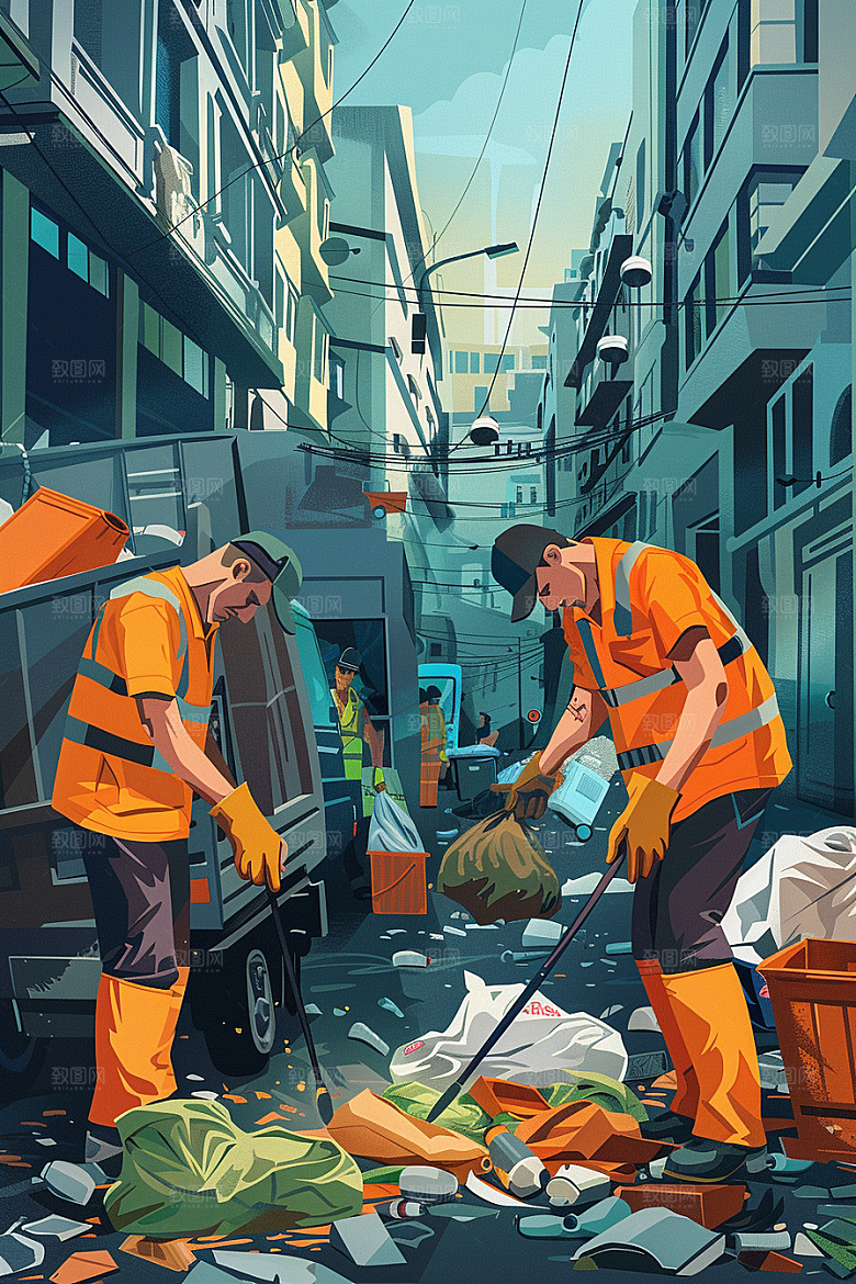 环卫工人工作城市保洁插画