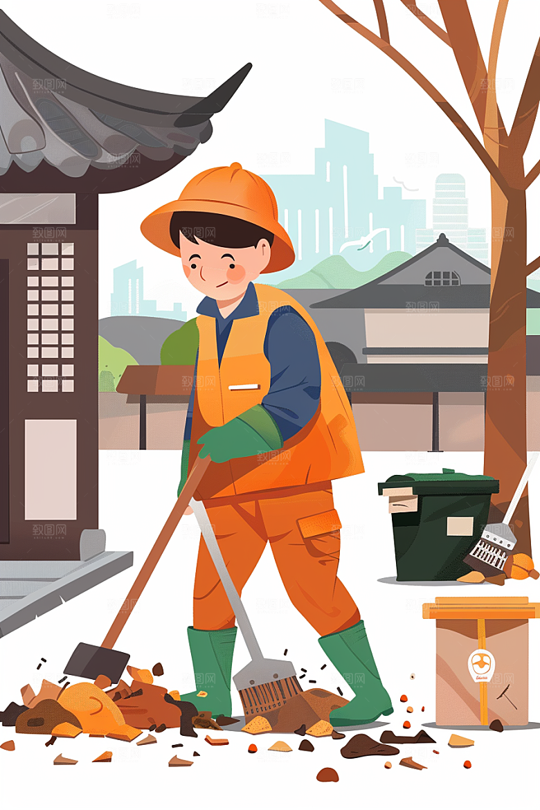 环卫工人城市保洁手绘插画