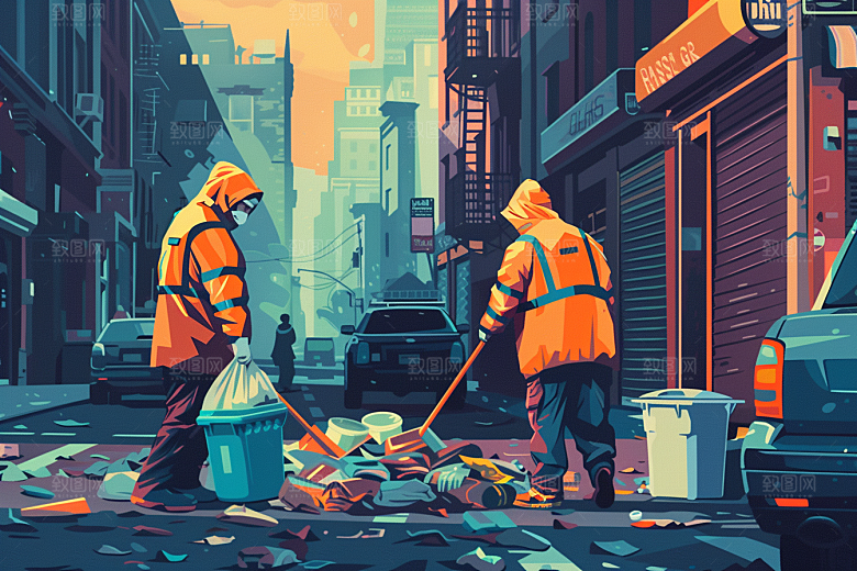 环卫工人工作高清插画