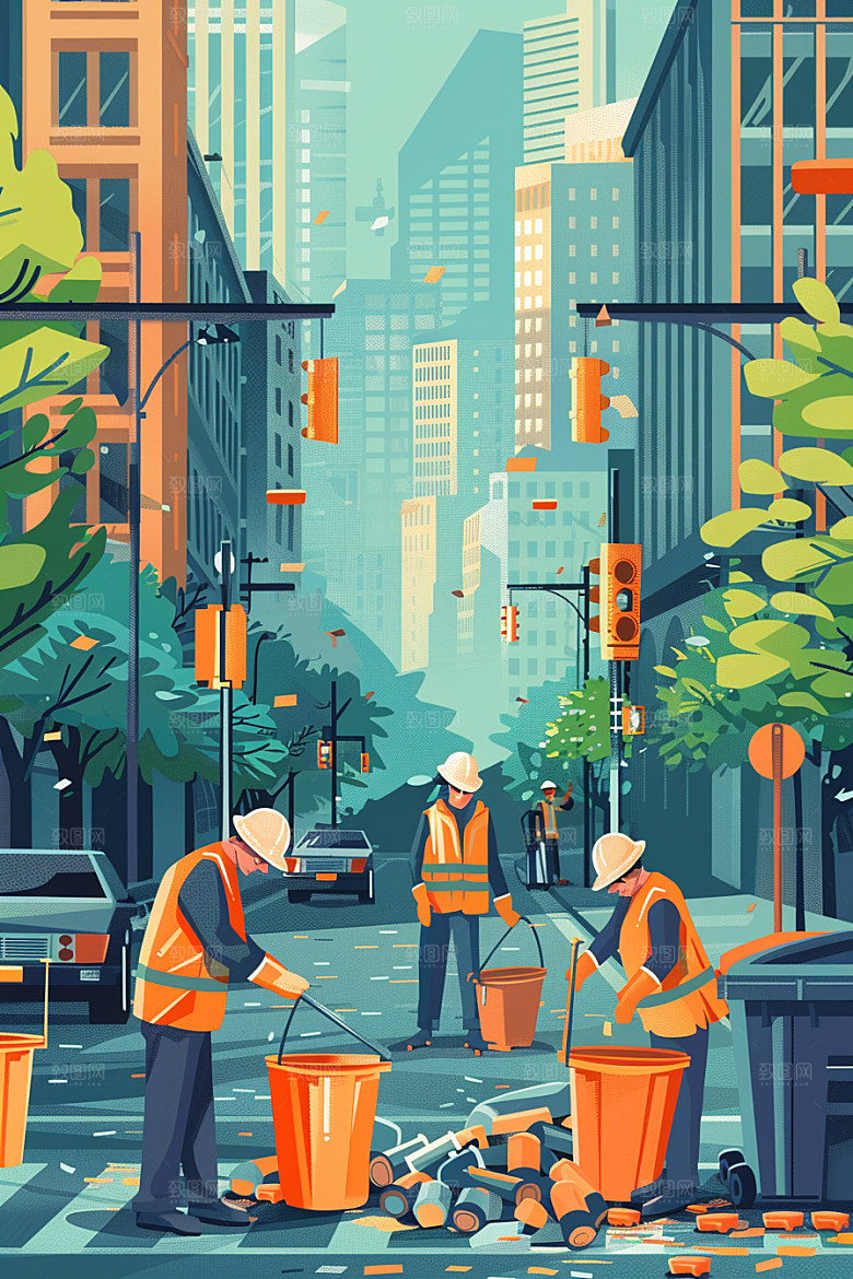 环卫工人城市保洁手绘插画