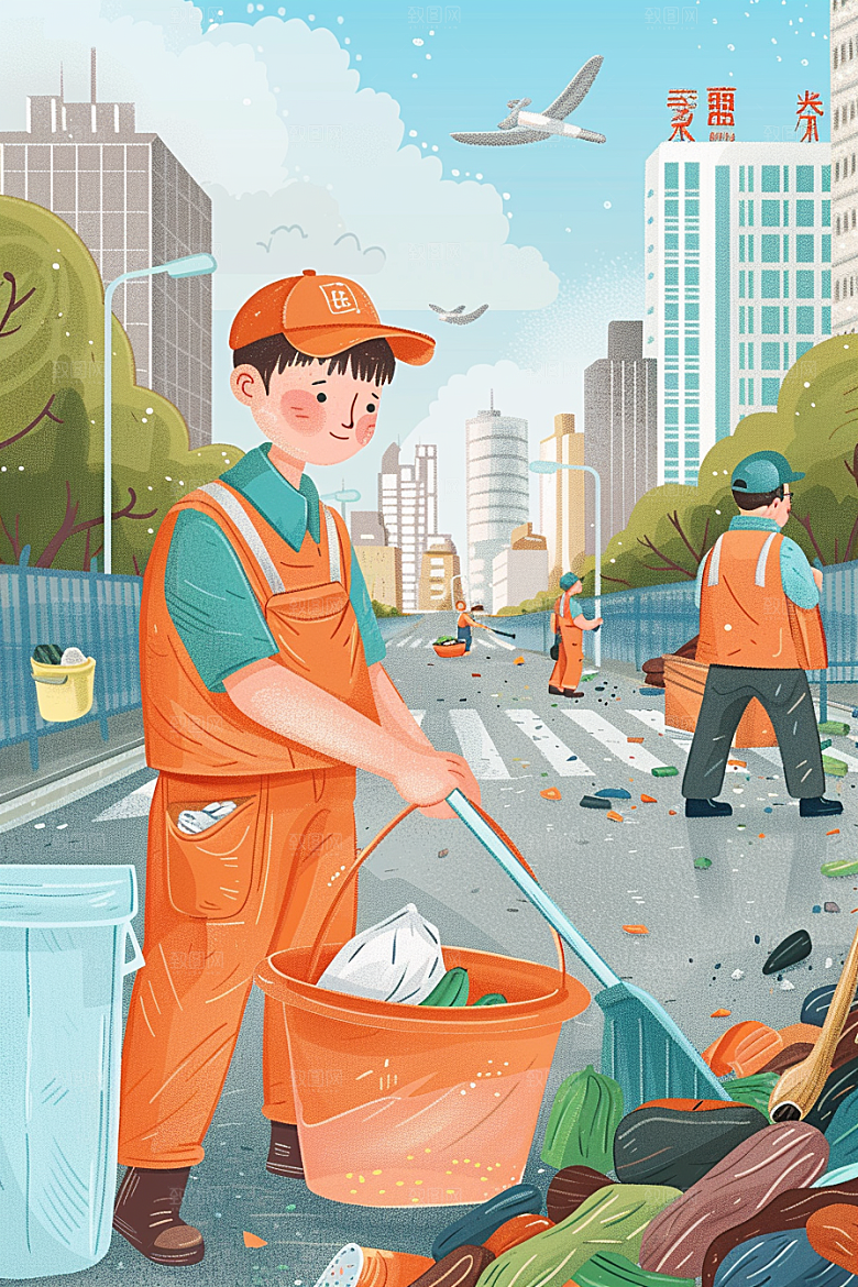 环卫工人工作城市保洁插画