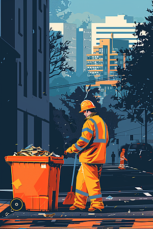 环卫工人劳作城市保洁插画