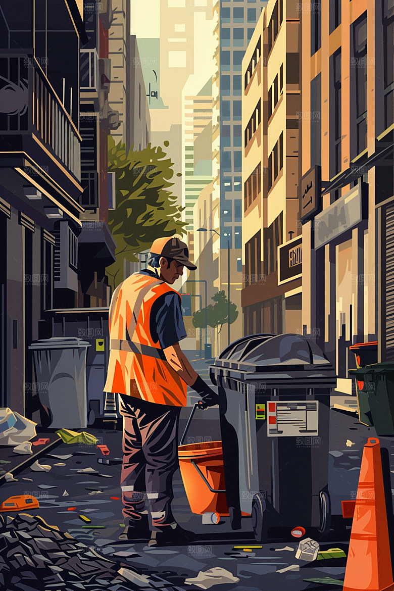 环卫工人辛苦城市保洁插画