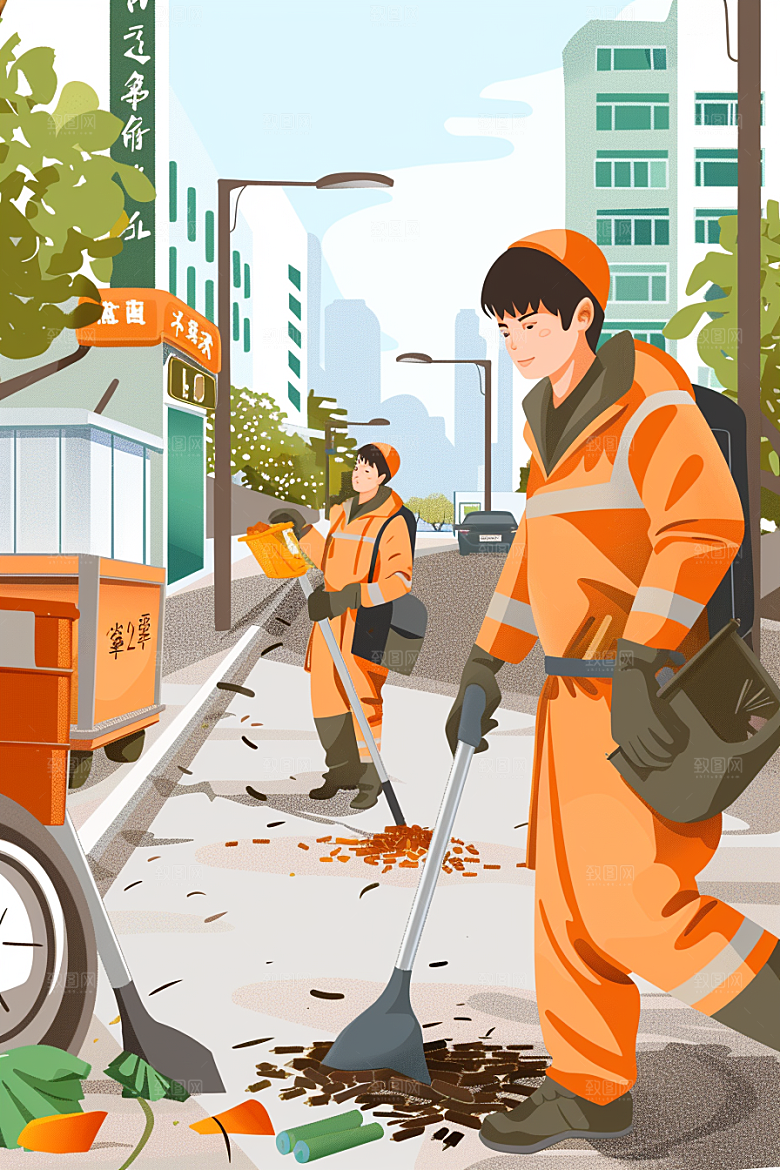 环卫工人清洁工劳动插画