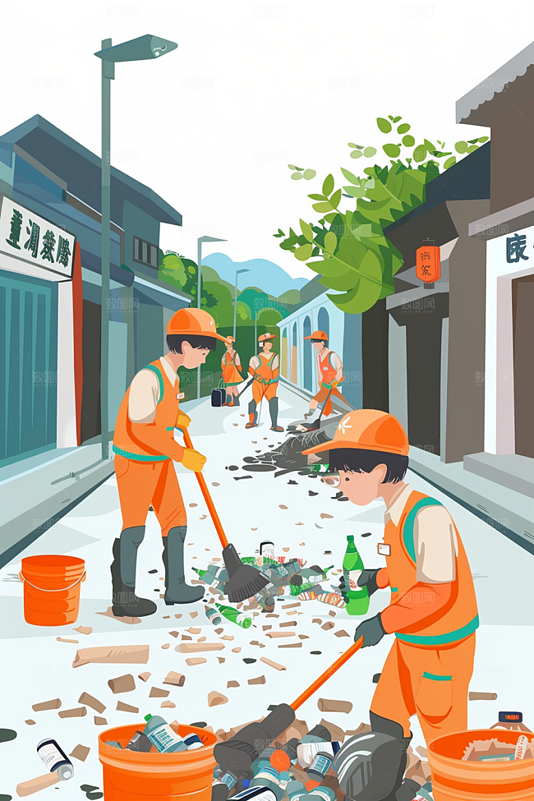 环卫工人清洁工劳作插画