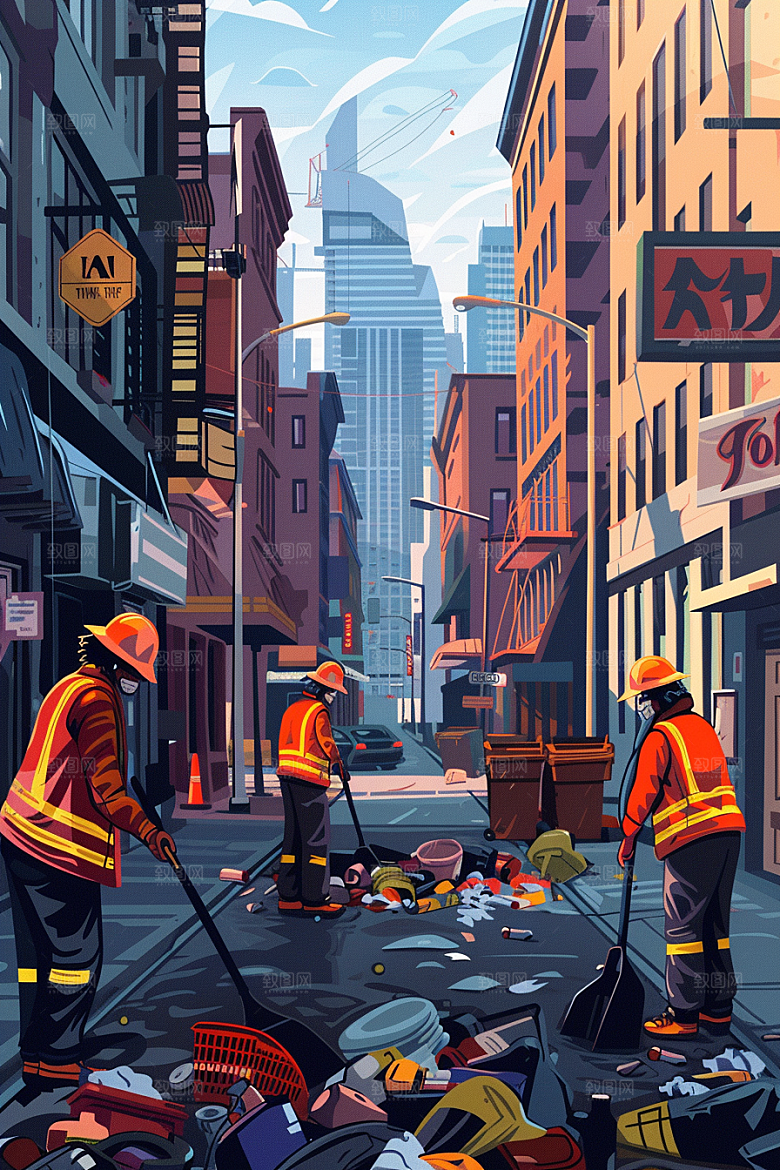 环卫工人手绘工作插画