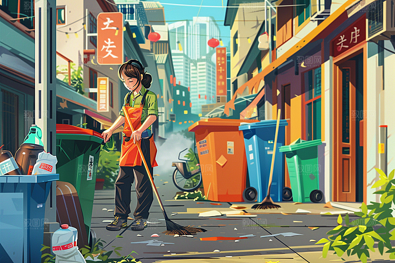 环卫工人手绘清洁工插画