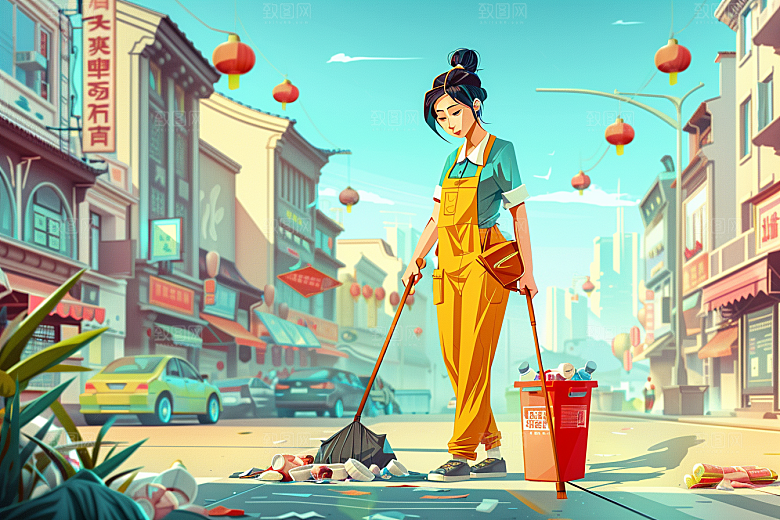 环卫工人工作五一插画
