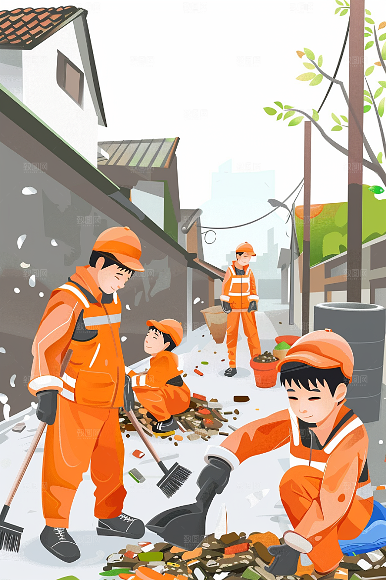 环卫工人辛苦城市保洁插画