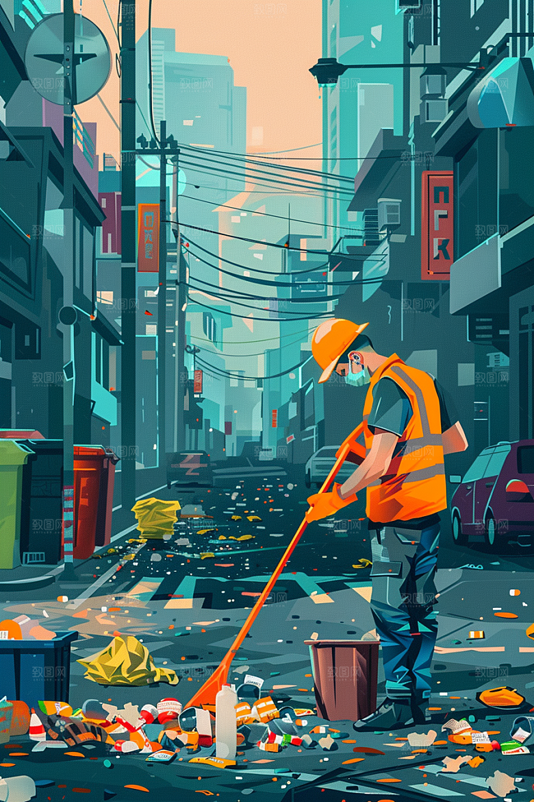 环卫工人辛苦手绘插画