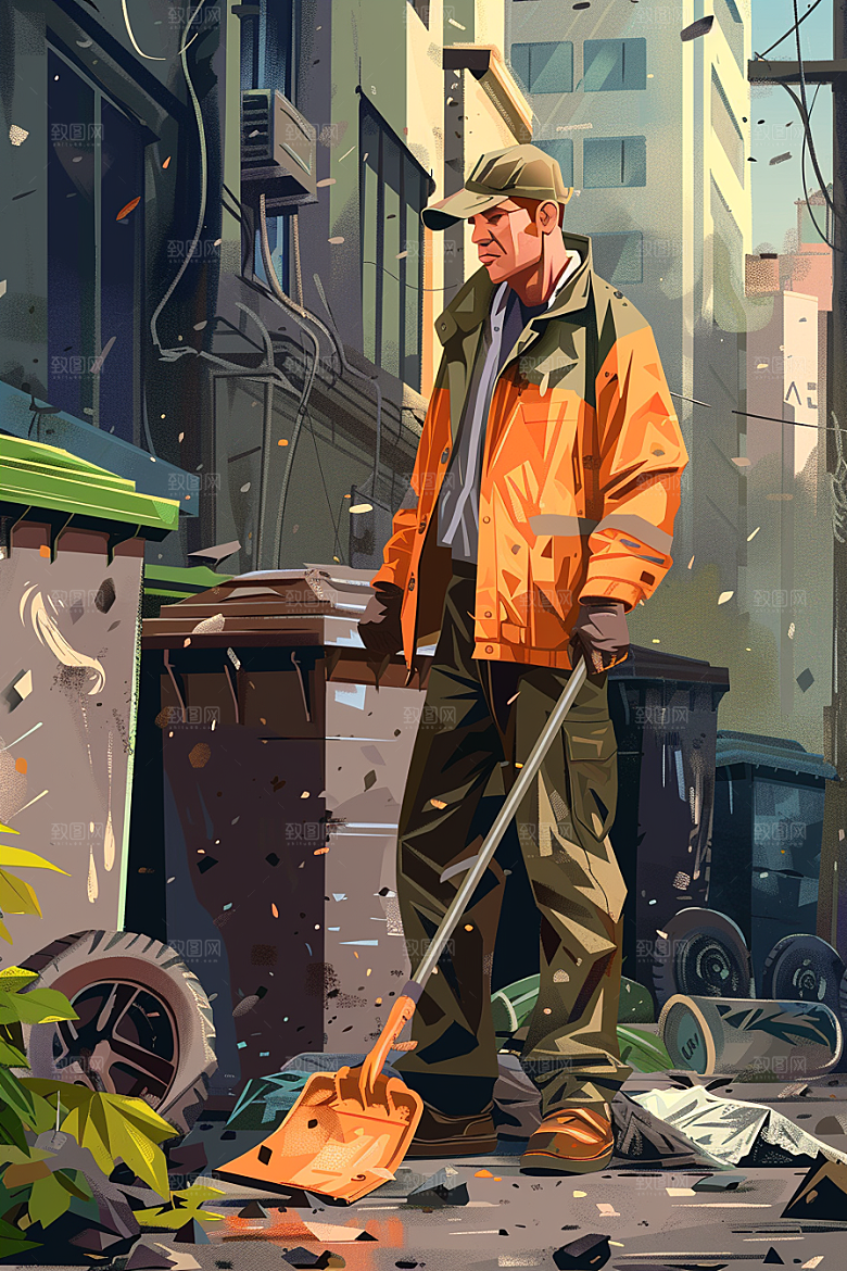 环卫工人手绘辛苦插画