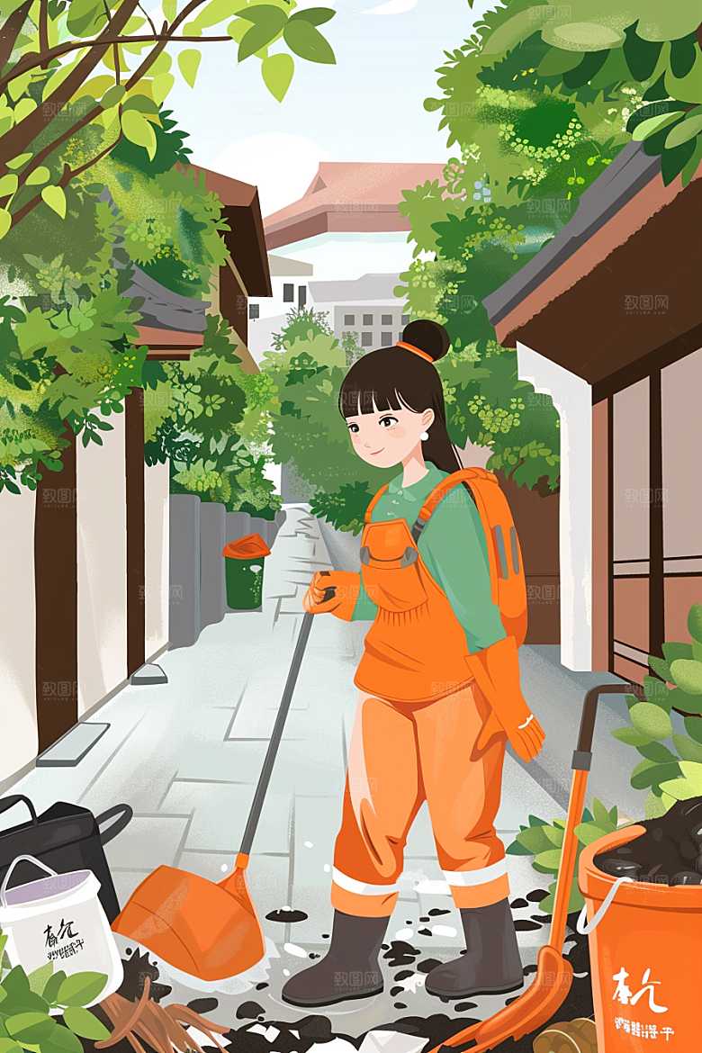 环卫工人清洁工五一插画
