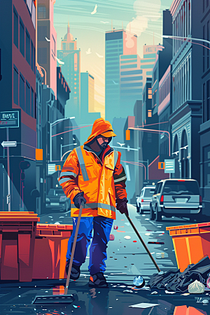 环卫工人城市保洁手绘插画