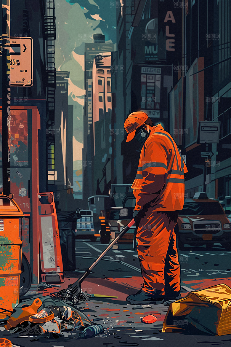 环卫工人高清手绘插画