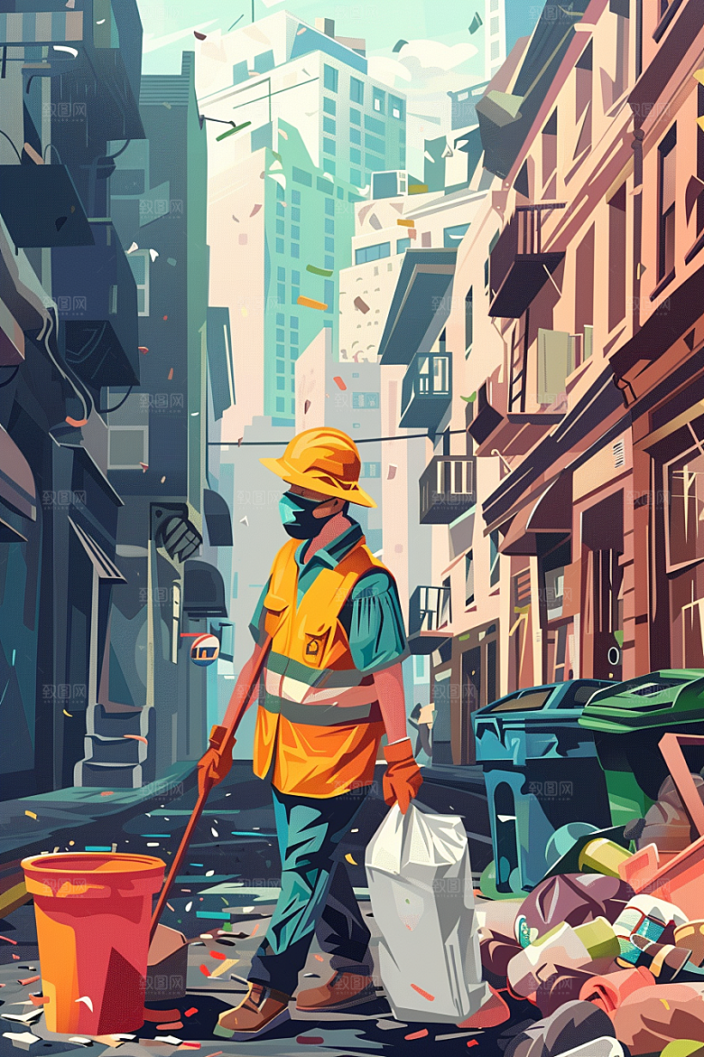 环卫工人艺术城市保洁插画