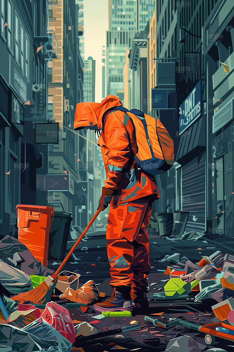 环卫工人清洁工艺术插画