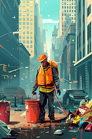 环卫工人城市保洁劳动节插画