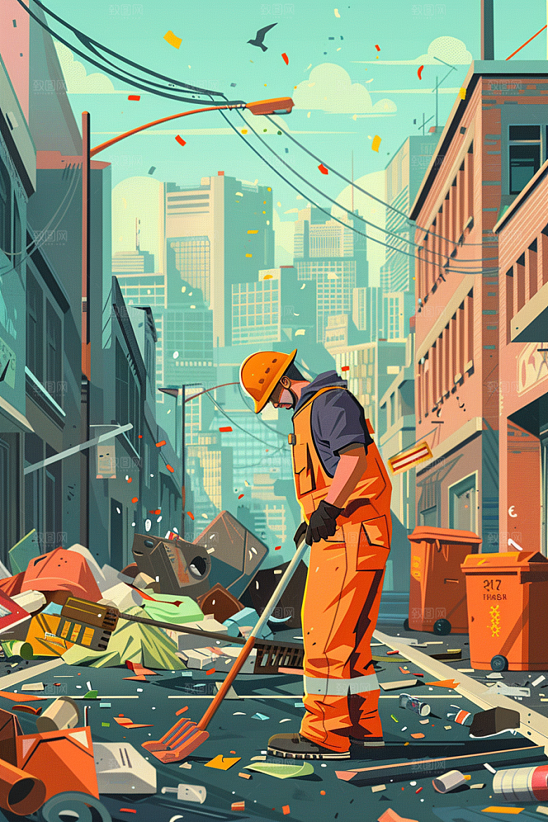 环卫工人劳作手绘插画