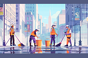 环卫工人城市保洁手绘插画