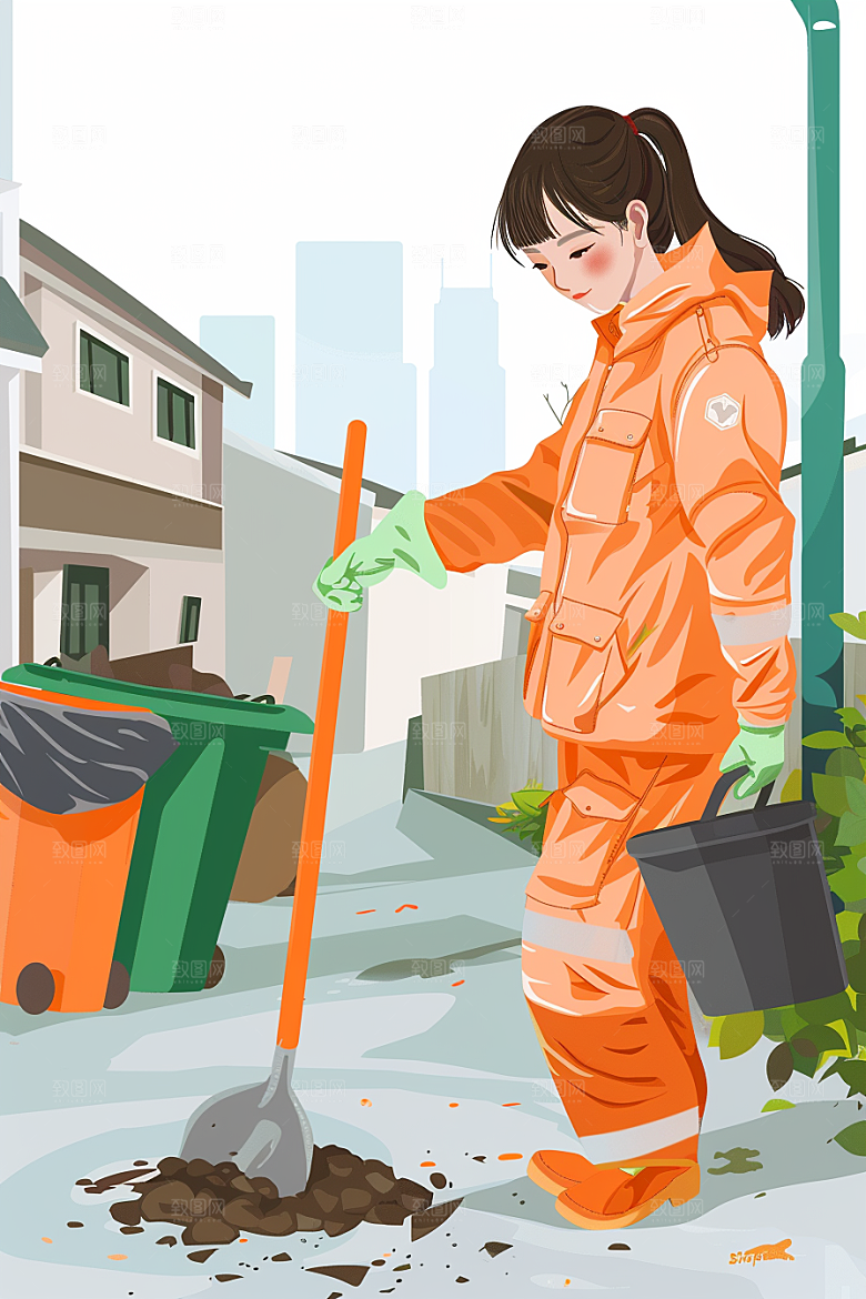 环卫工人劳动节手绘插画