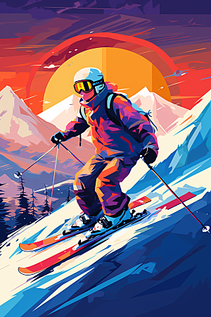 滑雪健身涂鸦风格插画