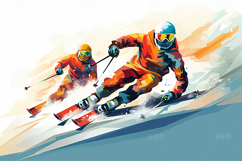 滑雪冬季彩色插画