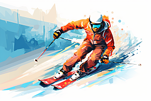 滑雪彩色冰雪运动插画